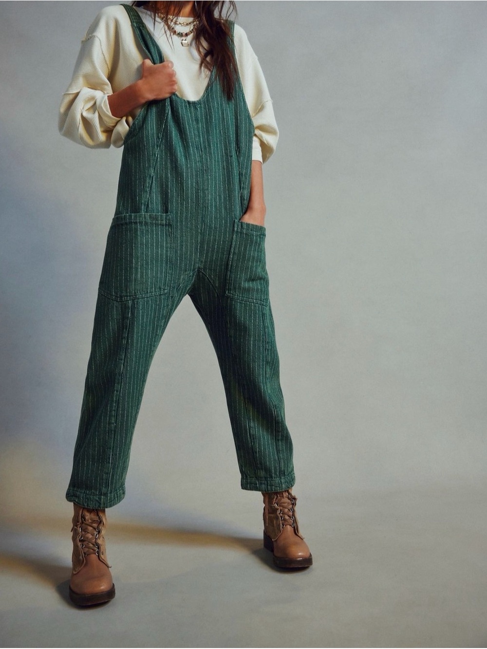 Free People Green Pinstripe Utility Jumpsuit